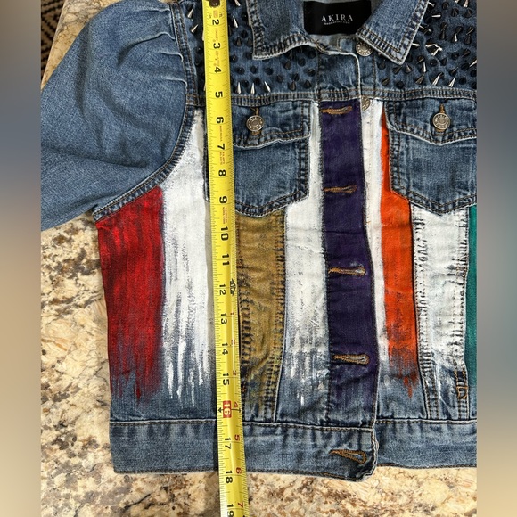 Akira Denim jacket sz MD handpainted butterfly/stripes metal spike studs OOAK - Picture 12 of 15